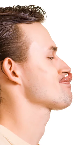 Les hommes atteignent une longue langue un bout de nez — Photo