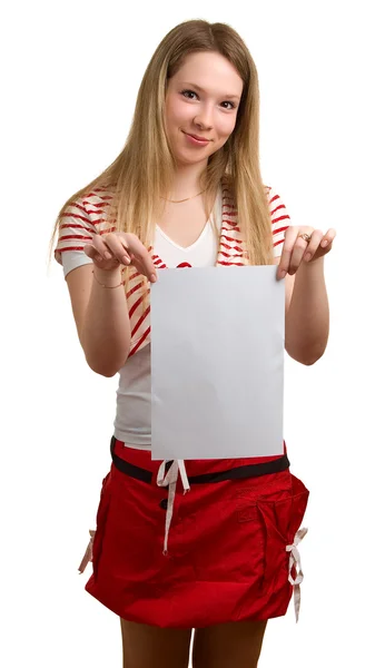 Young girl shows empty sheet — Stock Photo, Image