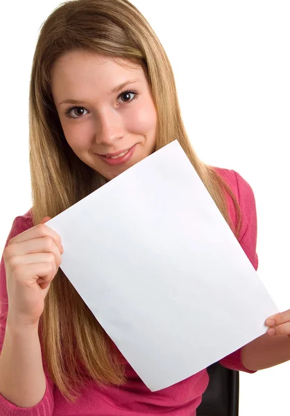 Dívka ukazuje prázdný list — Stock fotografie