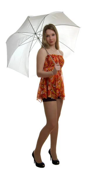 Mädchen mit Regenschirm auf weißem Grund — Stockfoto