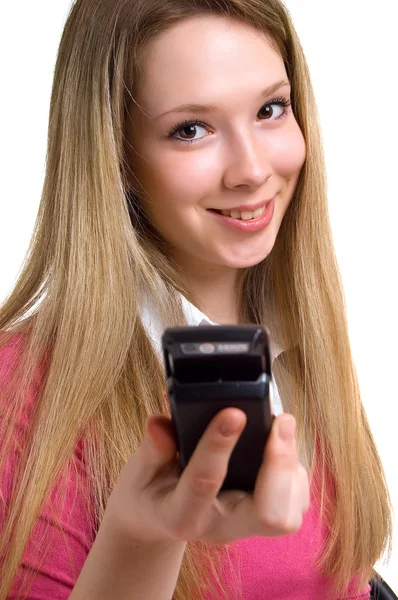 휴대 전화와 함께 웃는 소녀 — 스톡 사진
