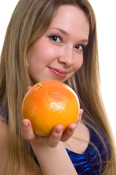 Menina bonita com toranja laranja — Fotografia de Stock