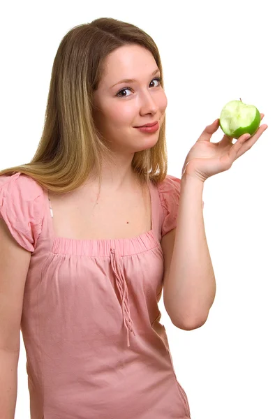 Красивая девушка с зеленым яблоком — стоковое фото