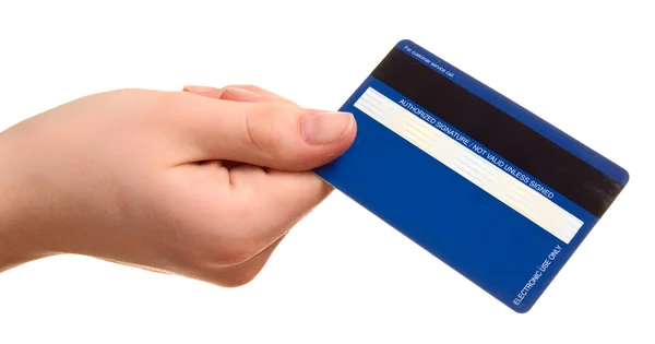 Cartão de crédito azul em uma mão feminina — Fotografia de Stock