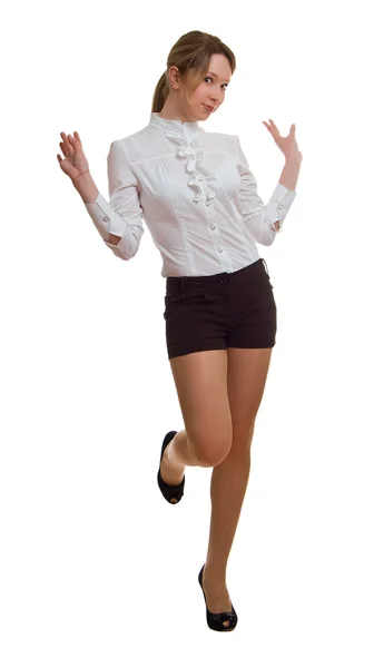 Meisje in een shirt en zwarte korte broek — Stockfoto