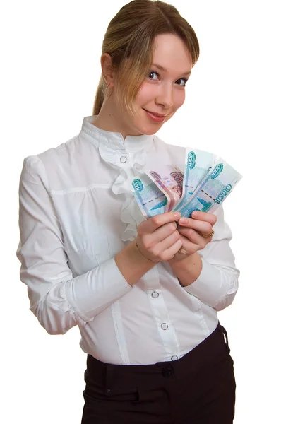 Gülümseyen kız parayı elinde tutan — Stok fotoğraf