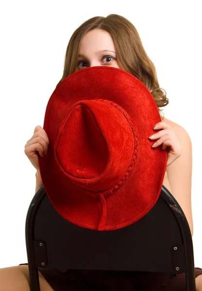 Rädd tjej med en röd hatt — Stockfoto