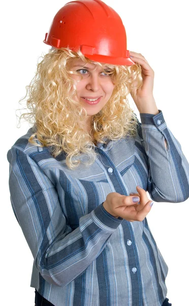 Mulheres loiras em um capacete vermelho — Fotografia de Stock