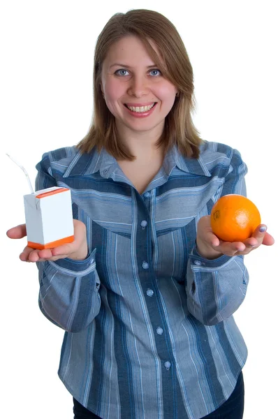 Trevlig kvinnor med juice och orange — Stockfoto