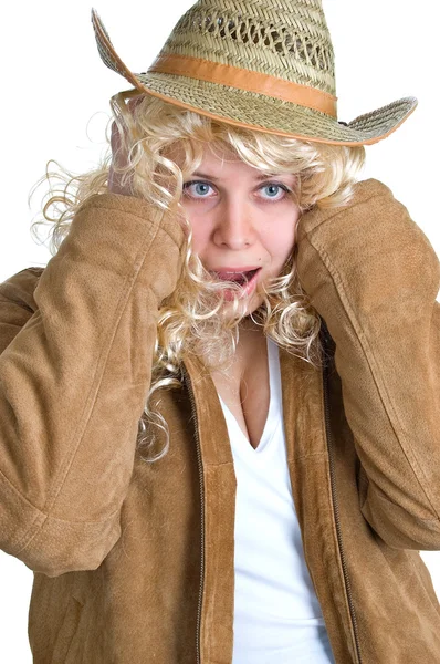 Zaskoczony kobiety blondynka w słomkowym kapeluszu — Zdjęcie stockowe