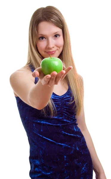 青リンゴと青いドレスの少女 — ストック写真