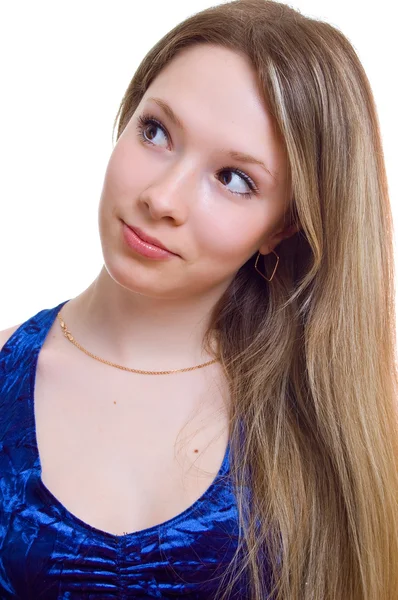 Porträt eines schönen Mädchens im blauen Kleid — Stockfoto