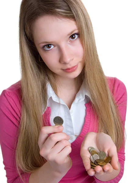 Menina séria com moedas — Fotografia de Stock