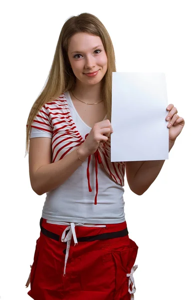 Kız boş bir beyaz kağıt sayfası gösterir. — Stok fotoğraf