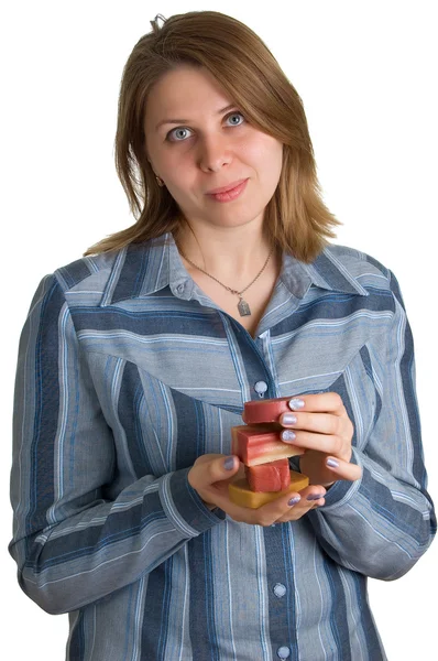 Smiling women with soap pieces in hands — Stock Photo, Image