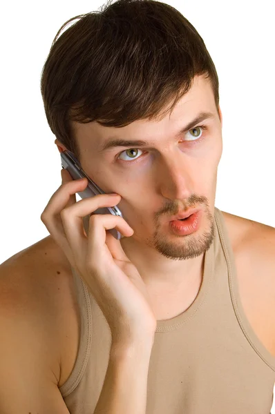 Young surprised men with cellular phone — Stock Photo, Image
