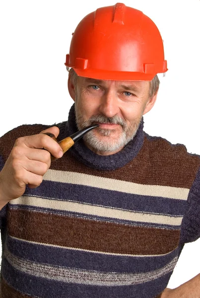 Men in a red building helmet — Stock Photo, Image