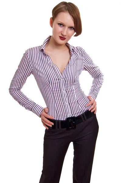 Çizgili bir gömlek içinde genç kız — Stok fotoğraf