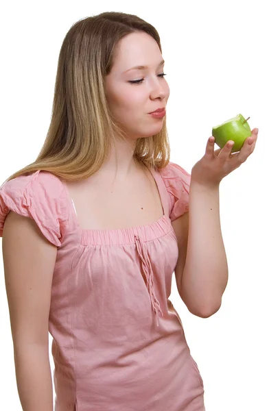 Krásná dívka se zeleným jablkem — Stock fotografie