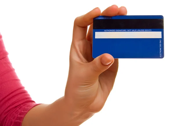 女性の手で青いクレジット カード — ストック写真