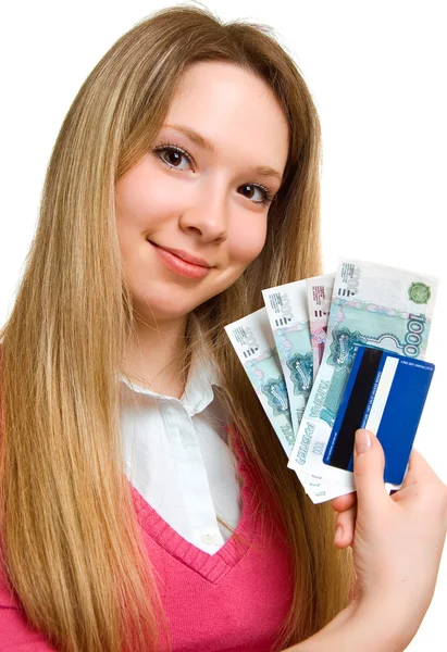 Menina sorridente com dinheiro e cartão de crédito — Fotografia de Stock