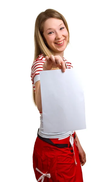 Young girl shows empty sheet — Stock Photo, Image