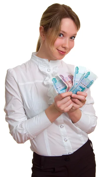 Lachende meisje houdt geld in de hand — Stockfoto