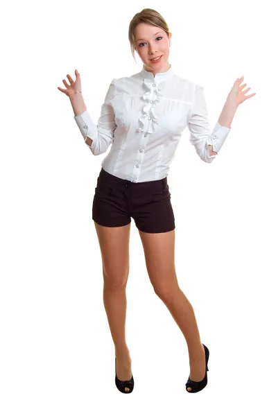Chica en una camisa blanca y pantalones cortos negros —  Fotos de Stock