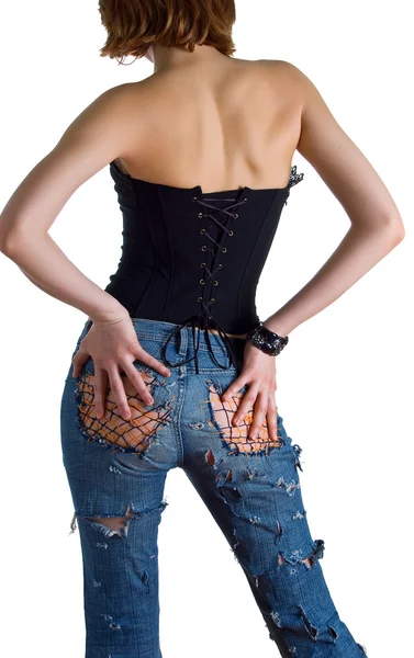 Girl in a black corset and blue jeans — Stock Photo, Image