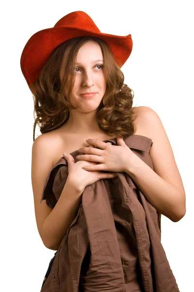 Naked girl in a red hat — Stock Photo, Image