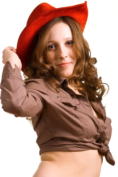 Красива дівчина в червоному капелюсі — стокове фото