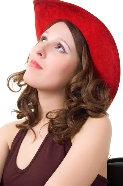 Träumendes Mädchen mit rotem Hut — Stockfoto
