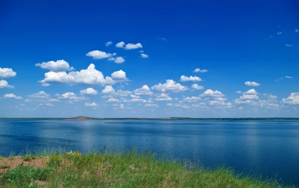 Літній пейзаж з озером — стокове фото