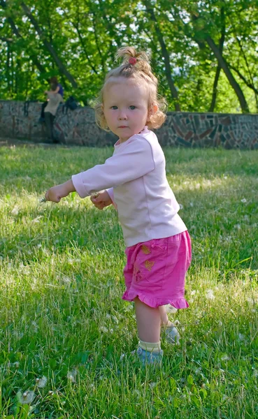 Kleines Mädchen spielt mit Blumen — Stockfoto