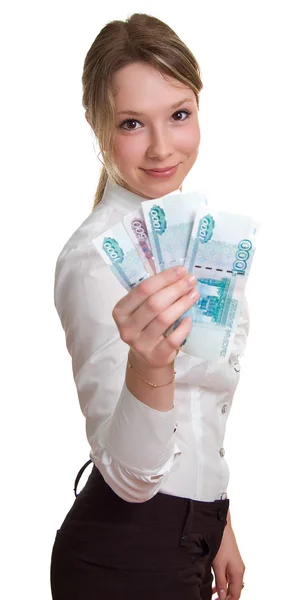 Sorrindo menina segura o dinheiro na mão — Fotografia de Stock