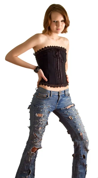 Girl in a black corset — Stock Photo, Image