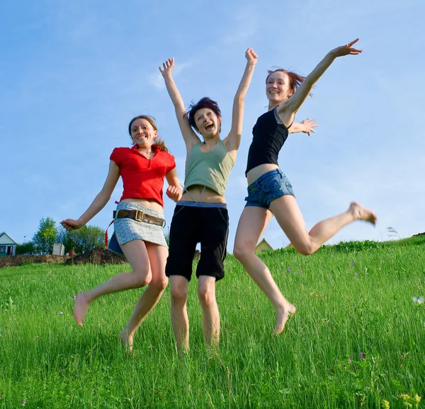 Girls jump on the meadow Royalty Free Stock Photos