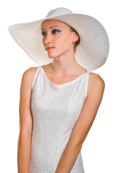 Women in white hat and dress — Stock Photo, Image