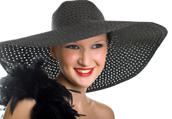 黒の帽子とボアの女性 — ストック写真