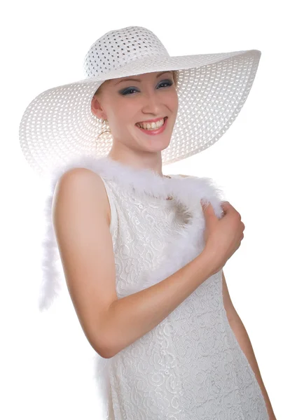 Aughing girl in white hat, dress and boa — Stock Photo, Image