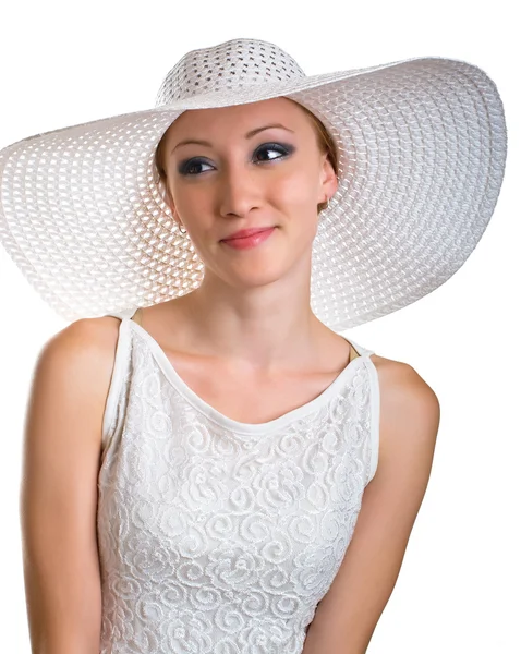 흰 모자와 드레스에 젊은 여성 — 스톡 사진