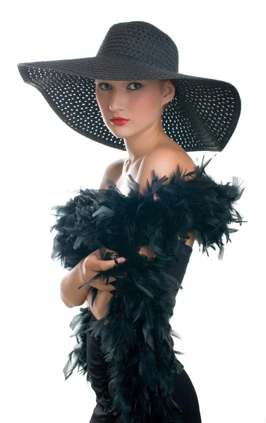 Gelassenheit Frauen mit schwarzem Hut und Boa — Stockfoto