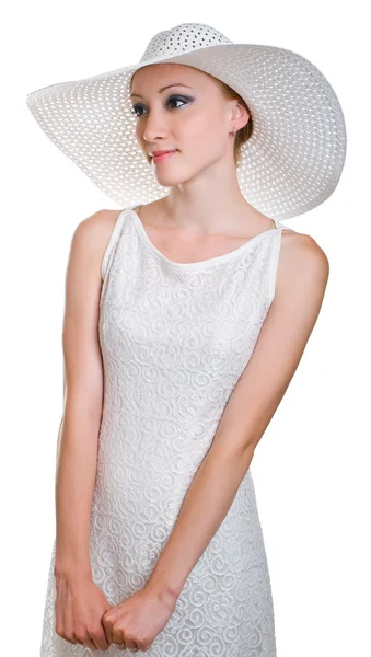 Ženy v bílém klobouku a šaty — Stock fotografie
