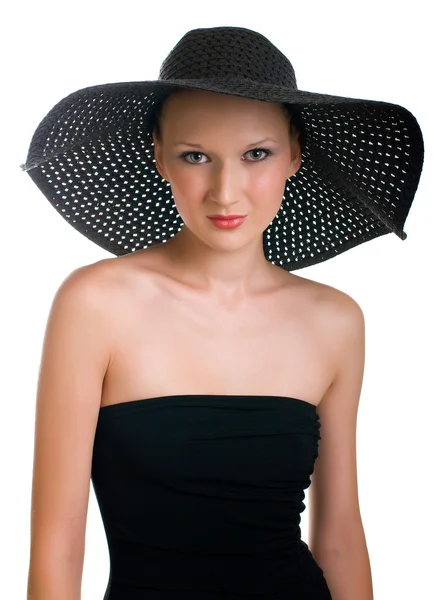 Women in black hat on white — Stock Photo, Image