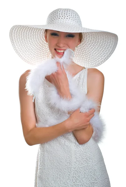 Śmiejąca się dziewczyna w biały kapelusz — Zdjęcie stockowe