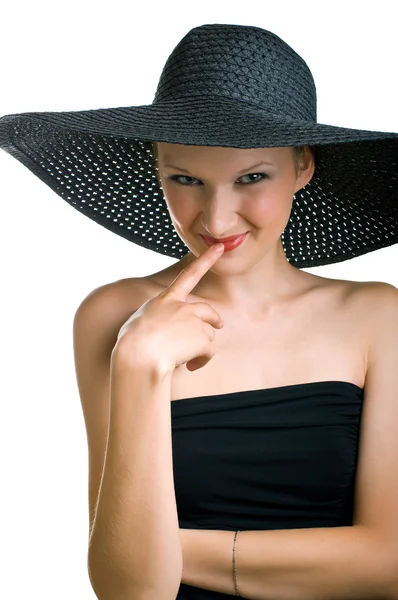 Rafinovaný mladé ženy v černém klobouku — Stock fotografie