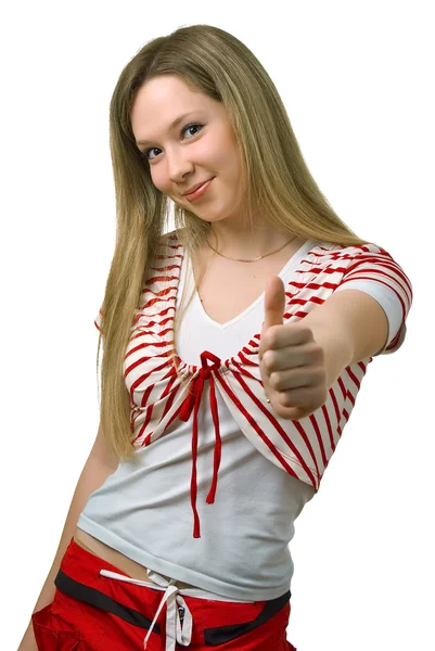 Usmívající se dívka ukazuje palec — Stock fotografie