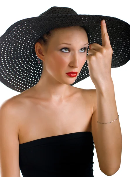 Ridiculous women in black hat — Stock Photo, Image