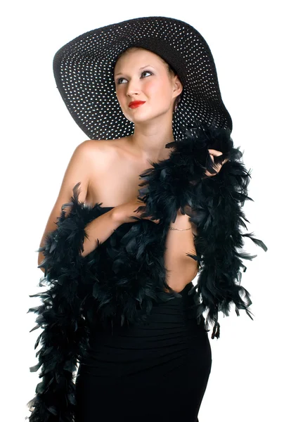 Smiling women in black hat and boa — Stock Photo, Image