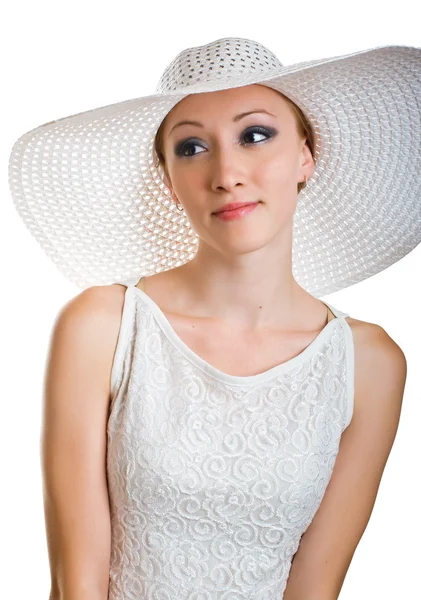 Smiling women in white hat and dress — Stock Photo, Image